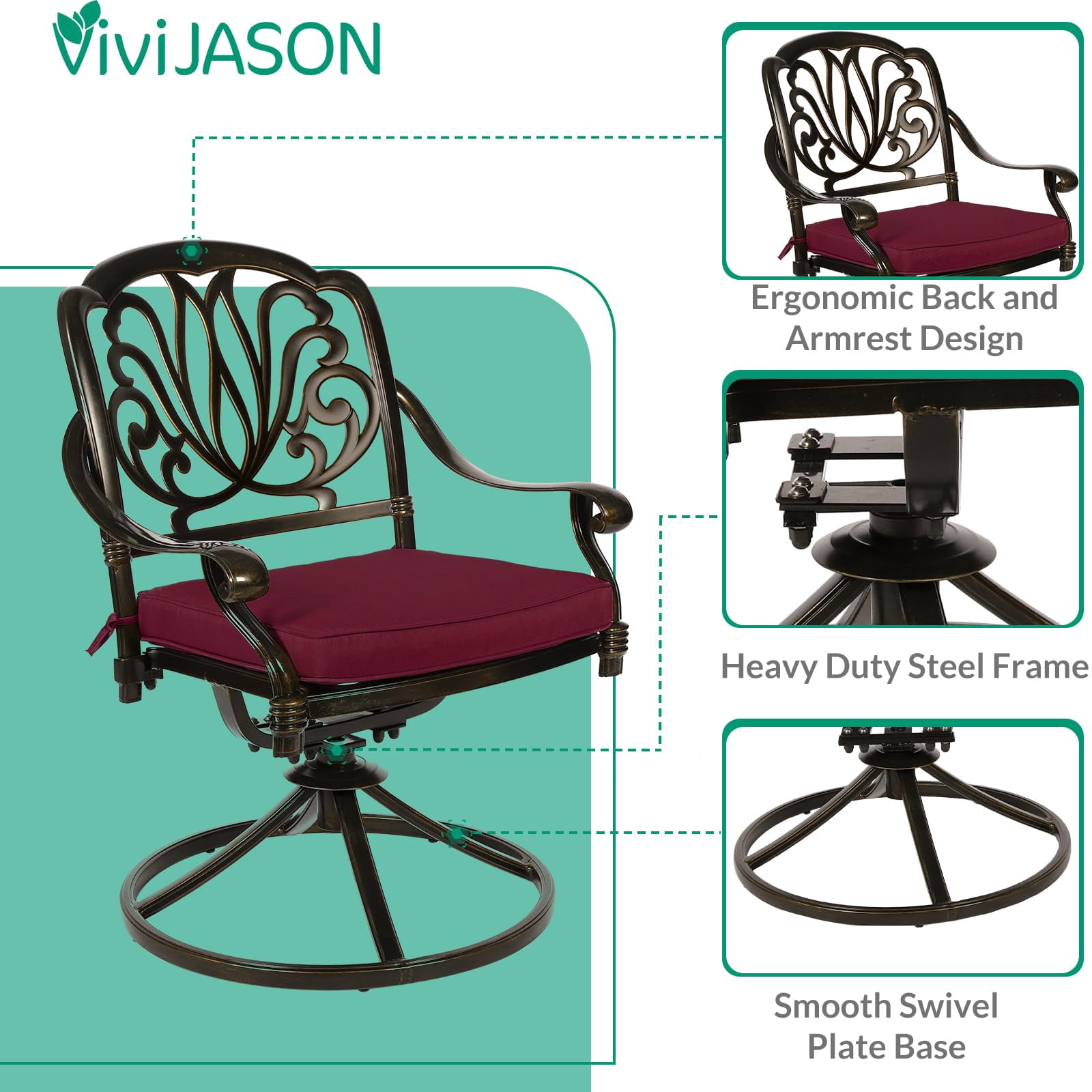 VIVIJASON 9-Piece Outdoor Furniture Dining Set, All-Weather Cast Aluminum Patio Conversation Set, Include 6 Stationary Chairs, 2 Swivel Dining Chairs and an Oval Table with Umbrella Hole, Red Cushion