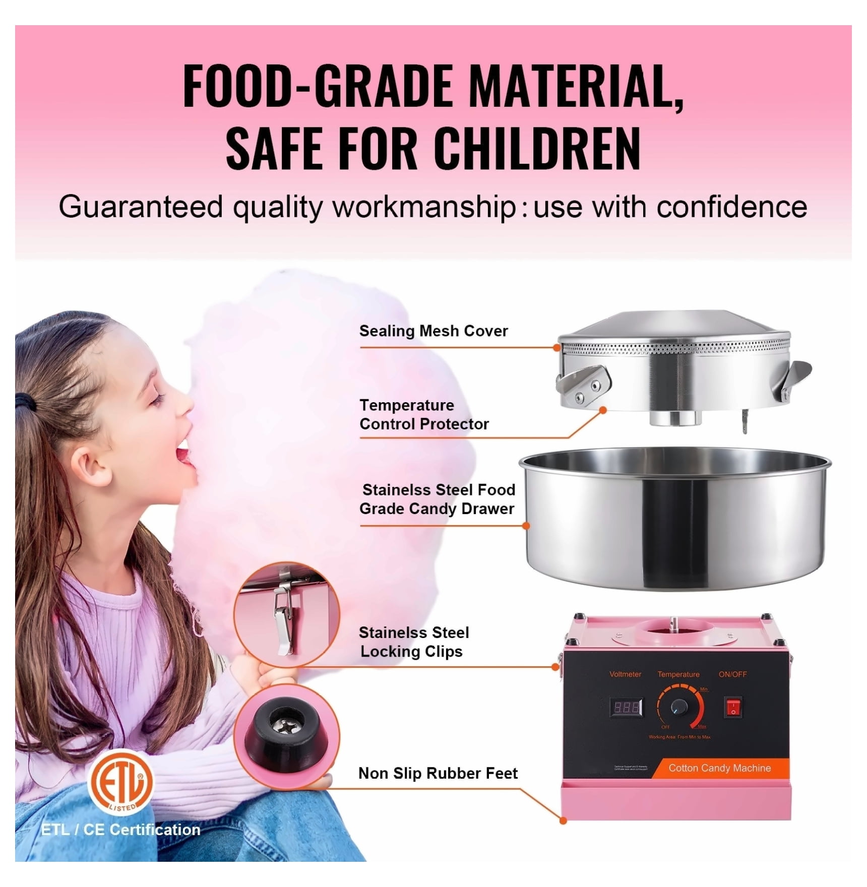 Electric Cotton Candy Machine, 1000W Candy Floss Maker, Commercial Cotton Candy Machine, Pink, for Home Parties