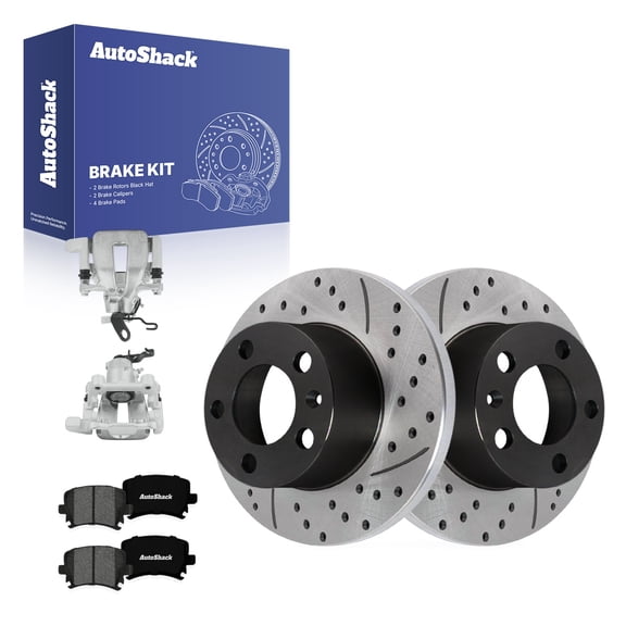 AutoShack Rear Solid Drilled & Slotted E-Coated Brake Rotors   Premium Ceramic Pads   Calipers 8-PC Brake Kit Replacement for 2007-2009 Volkswagen Jetta ShadowGuard 9.12" (231.7 mm)