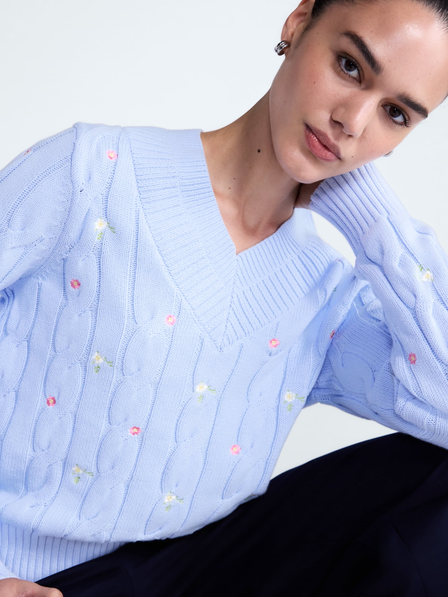 Free Assembly Women's and Women's Plus Cotton Cable Knit Sweater, Midweight, Sizes XS-4X