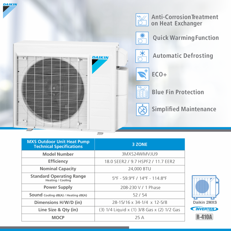 Daikin 36,000 BTU 17.7 SEER 4Zone Heat Pump System; 7k+9k+9k+15k Indoor