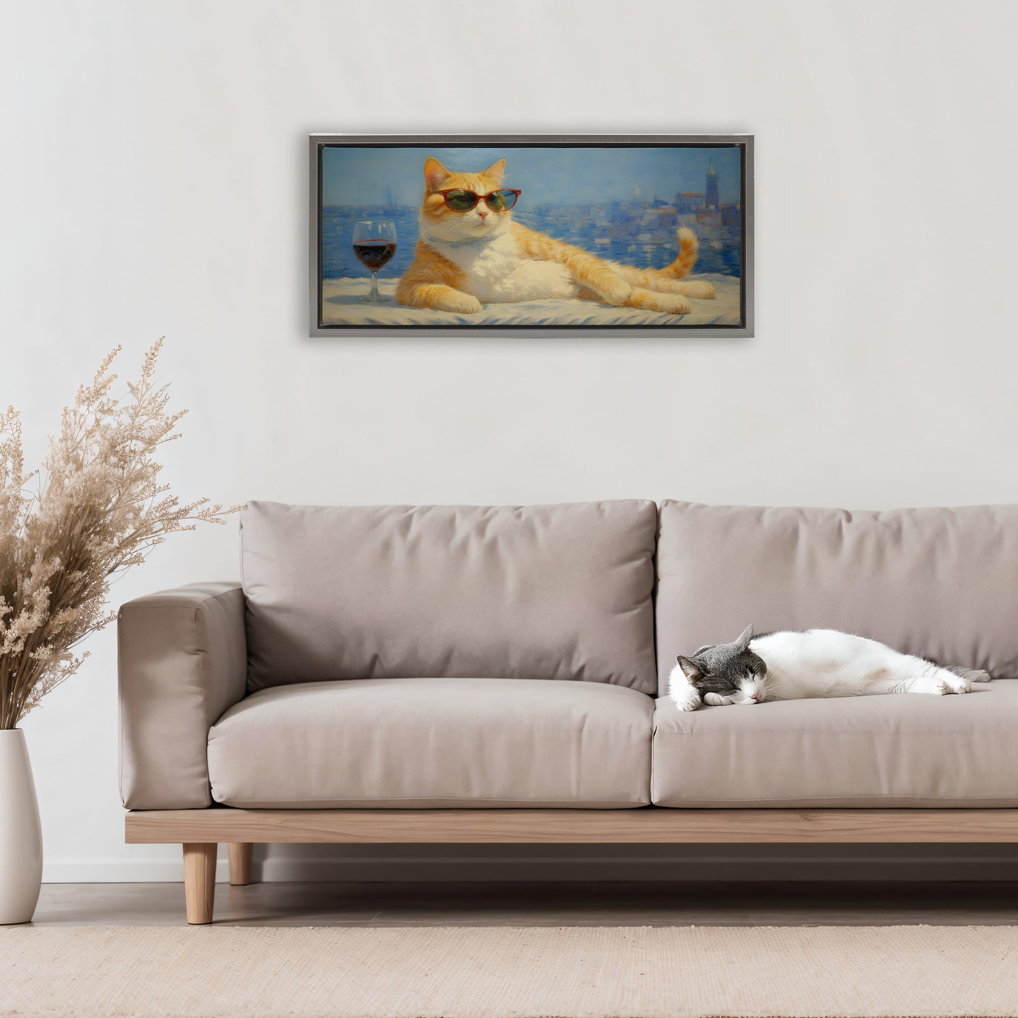 Stupell Industries Lounging Feline with Wine Glass Gray Framed Floater Canvas Wall Art, design by Angie Hawke