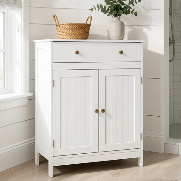 Ktaxon Bathroom Floor Cabinet, Freestanding Storage Cupboard w/ Drawer and 2 Doors, MDF White