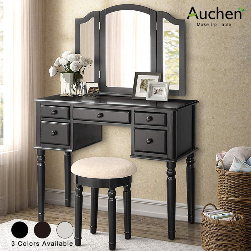 Auchen Vanity Set Table, Cream Tri Fold Mirror Vanity Set