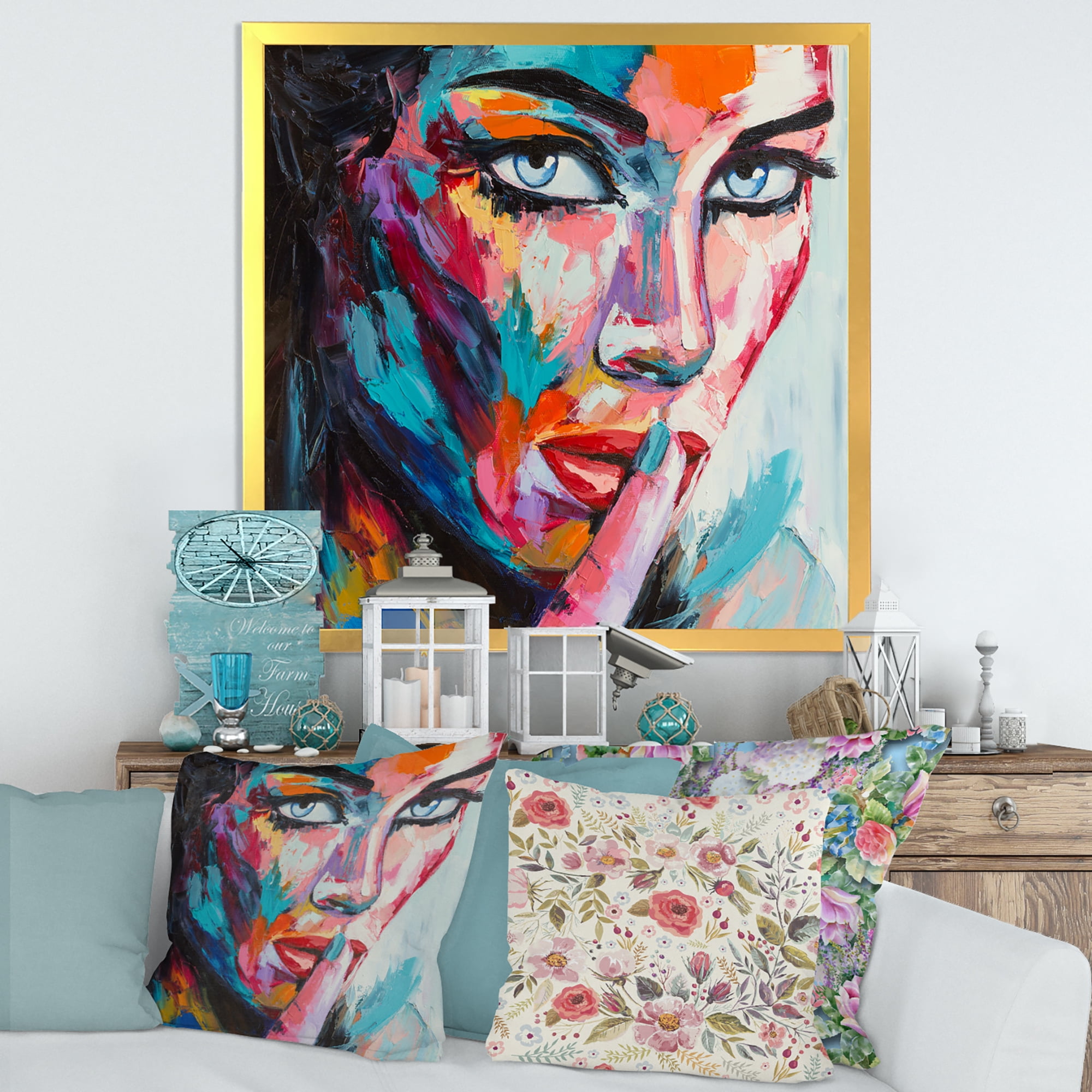 Designart 'Abstract Portrait Of A Young Woman With Blue Eyes II' Modern Framed Art Print