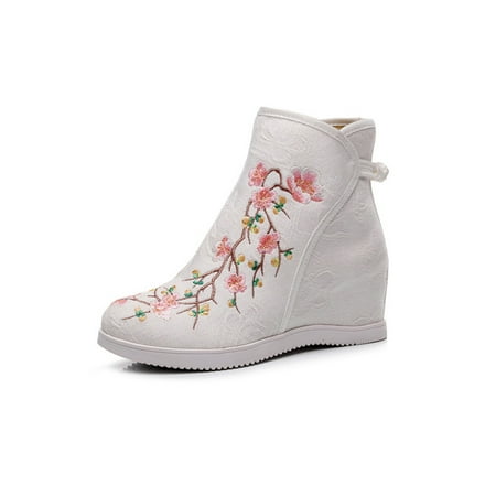 

Ferndule Ladies Floral Booties Outdoor Comfort Embroidered Hidden Wedge Boots Slip Resistant Vintage Side Zipper Ankle Plum Bossom White 8