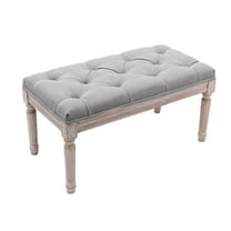 Guyou Linen Entryway Bench, 15.8"H Bedroom End of Bed Bench with Upholstery Button Tufting, Two-person Piano Bench with Rubber Wood Legs for Living Room Dining Room Hallway, Grey