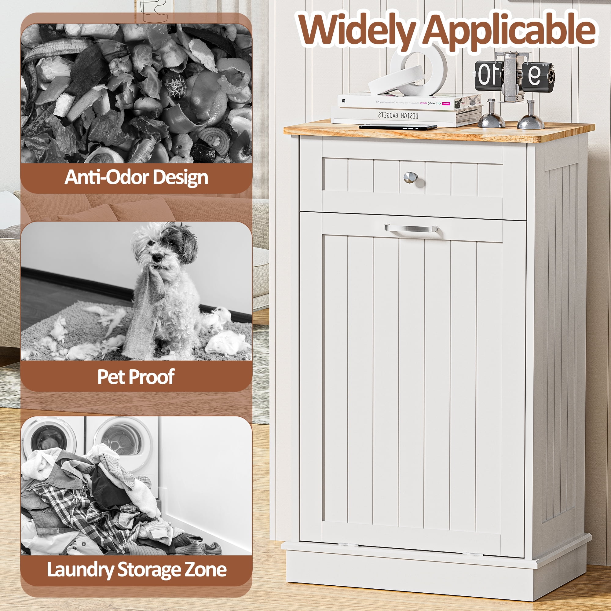AHB 13 Gallon Single Tilt Out Trash Cabinet with Drawer, Freestanding Kitchen Trash Can Storage Organizer, 20.9"L x 13.55"W x 38.5"H, White