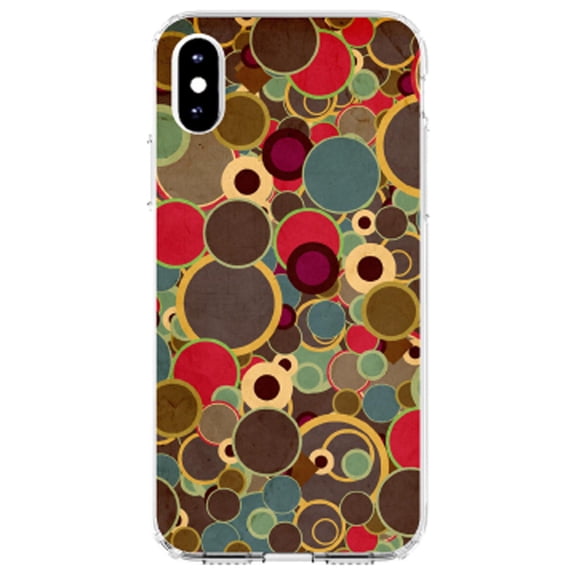 DistinctInk Clear Shockproof Hybrid Case for iPhone XR (6.1" Screen) - TPU Bumper, Acrylic Back, Tempered Glass Screen Protector - Brown Red Yellow Circles - Relive the 80's