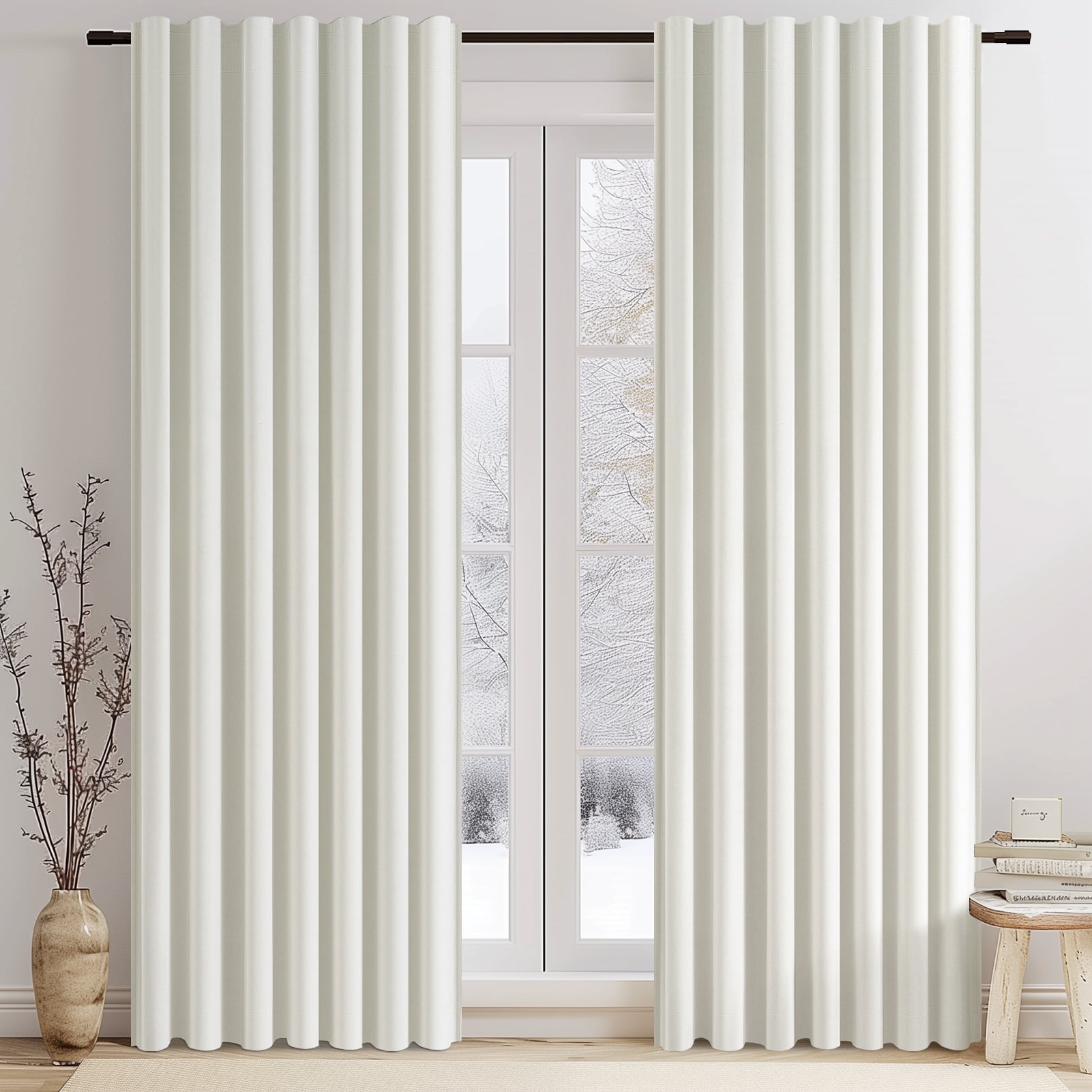 Topfinel 90 Inches Long Cream Velvet Curtains for Bedroom, Back Tab Light Blocking White Curtains with Hooks, Room Darkening Double Sided Drapes，Set of 2