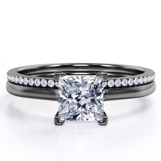 JeenMata Anillo de Boda de 1,50 Quilates con Corte Princesa, Engaste en Garras y Detalles Pavé en Baño de Oro Negro de 18 K sobre Plata (Personaliza la Banda de Tu Anillo de Bodas)