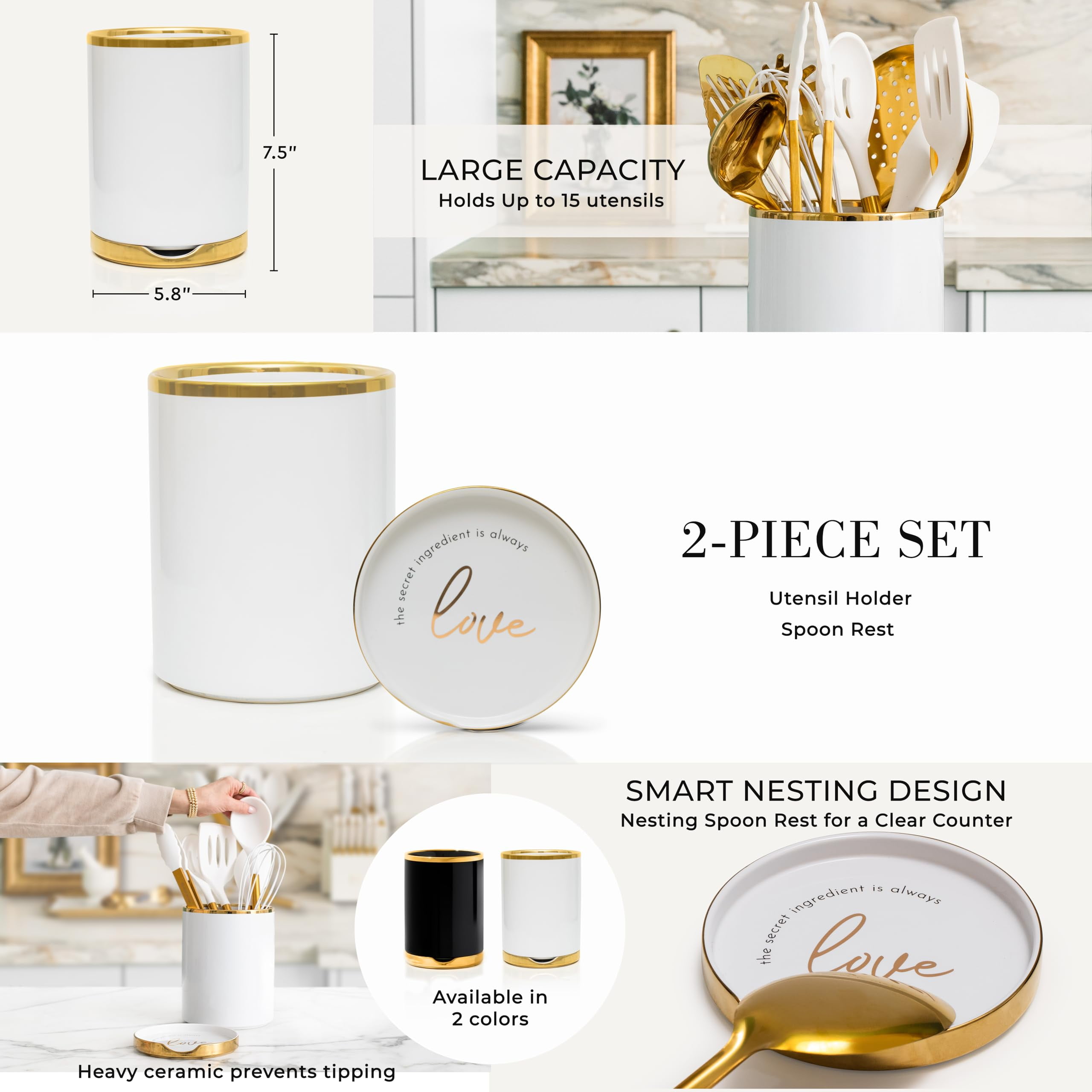 White and Gold Cooking Utensils Set - 13 PC White and Gold Kitchen Utensils Set Includes White Ceramic Utensil Holder with Built-In White & Gold Spoon Rest - Gold Kitchen Accessories