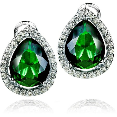 ELYA Sterling Silver Emerald Green Pear-Cut CZ Halo Earrings