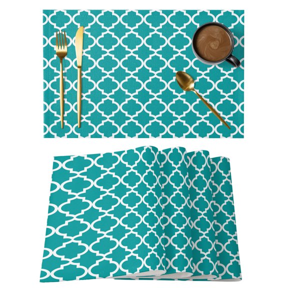 Moroccan Placemats Set of 4, Teal Geometric Non-Slip Place Mats Washable Table Mats for Kitchen Dining Table Decorations Indoor/Outdoor