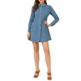 thumbnail image 2 of Allegra K Women's Turn Down Collar Puff Long Sleeves Belted Denim Shirt Dress, 2 of 6