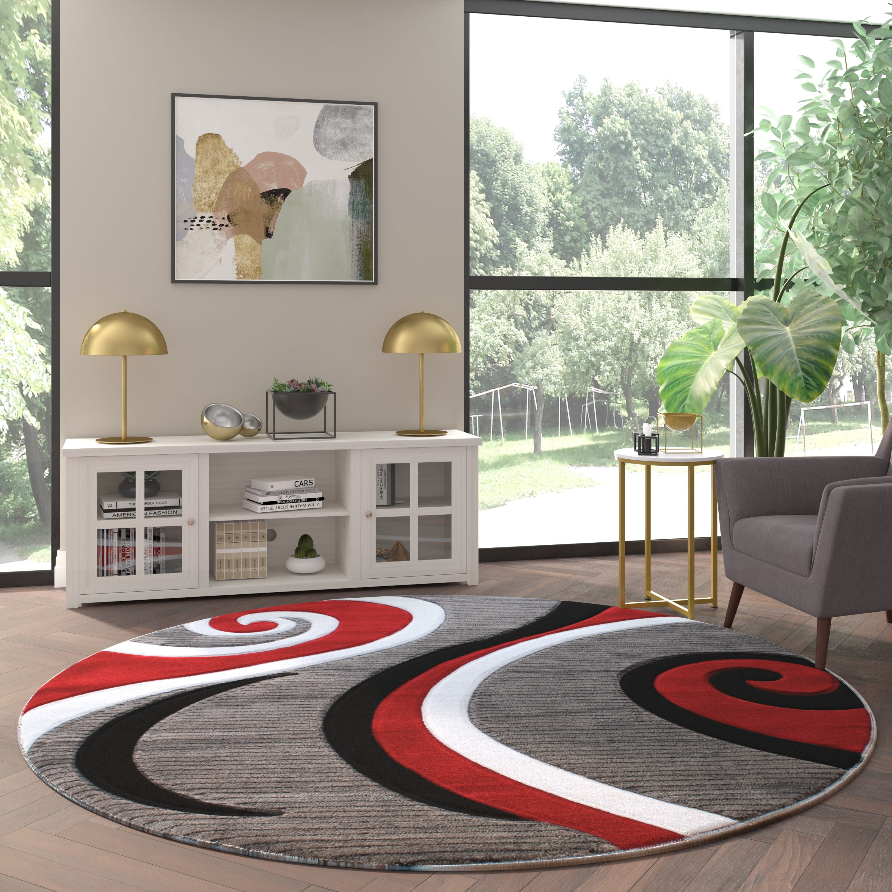 Emma + Oliver 8x8 Round Accent Rug with Modern 3D Sculpted Swirl