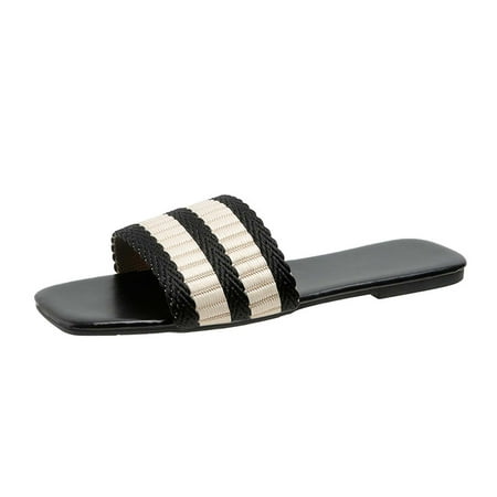 

YanHoo Women s Flat Sandals Square Open Toe Knit One Band Cute Shoes Summer Casual Beach Slippers