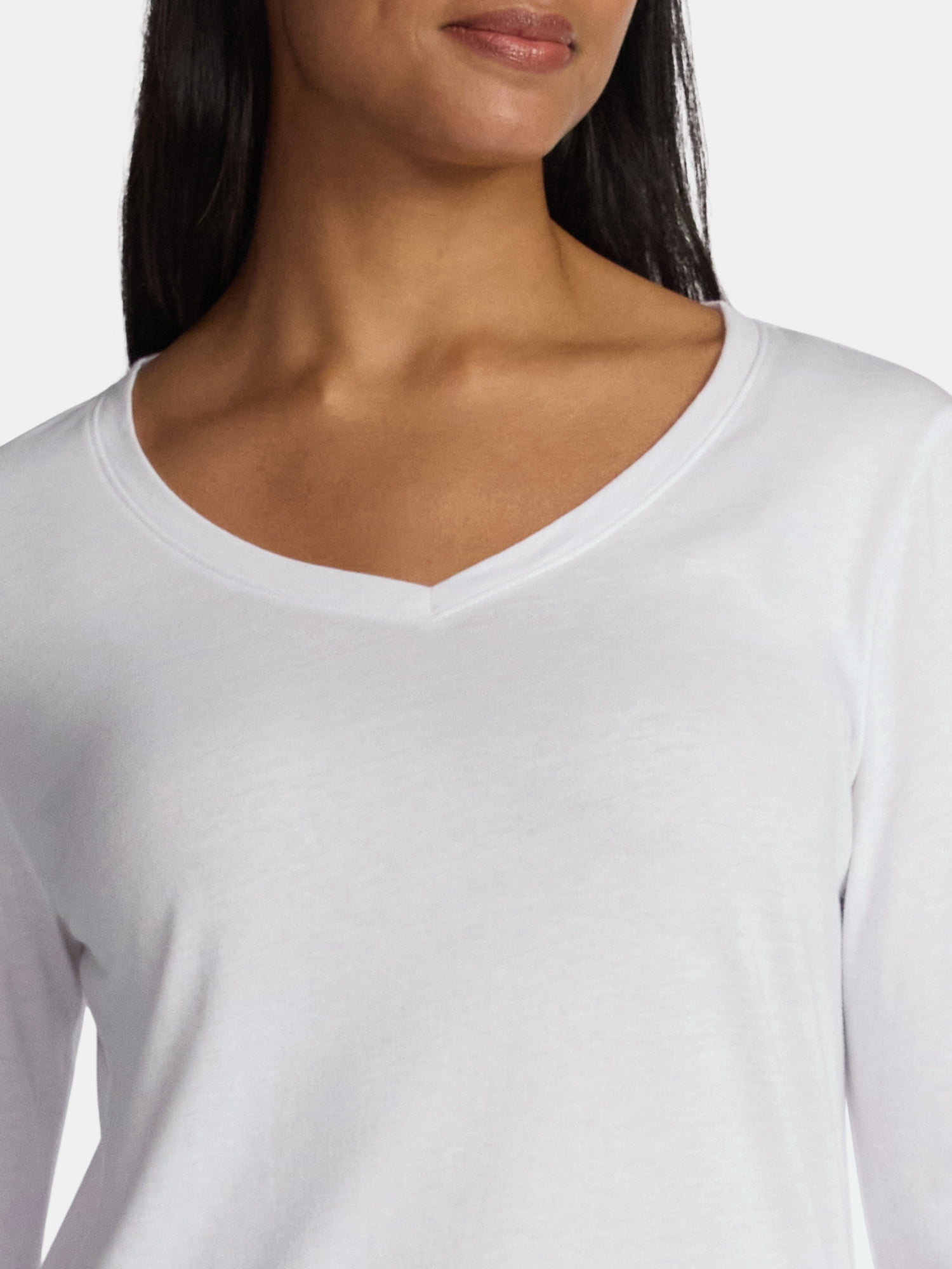 Time and Tru Women's Cotton V-Neck Tee with Long Sleeves, Sizes XS-XXXL