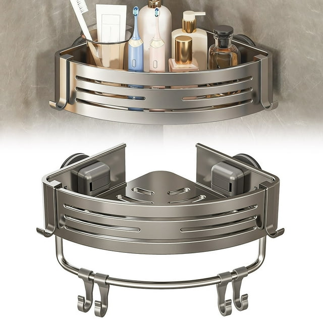 Shower Caddy Suction Cup Bathroom Organizer Shelf Rack Heavy Duty Corner Storage With Portable Hooks For Bath Dorm No Drilling Removable