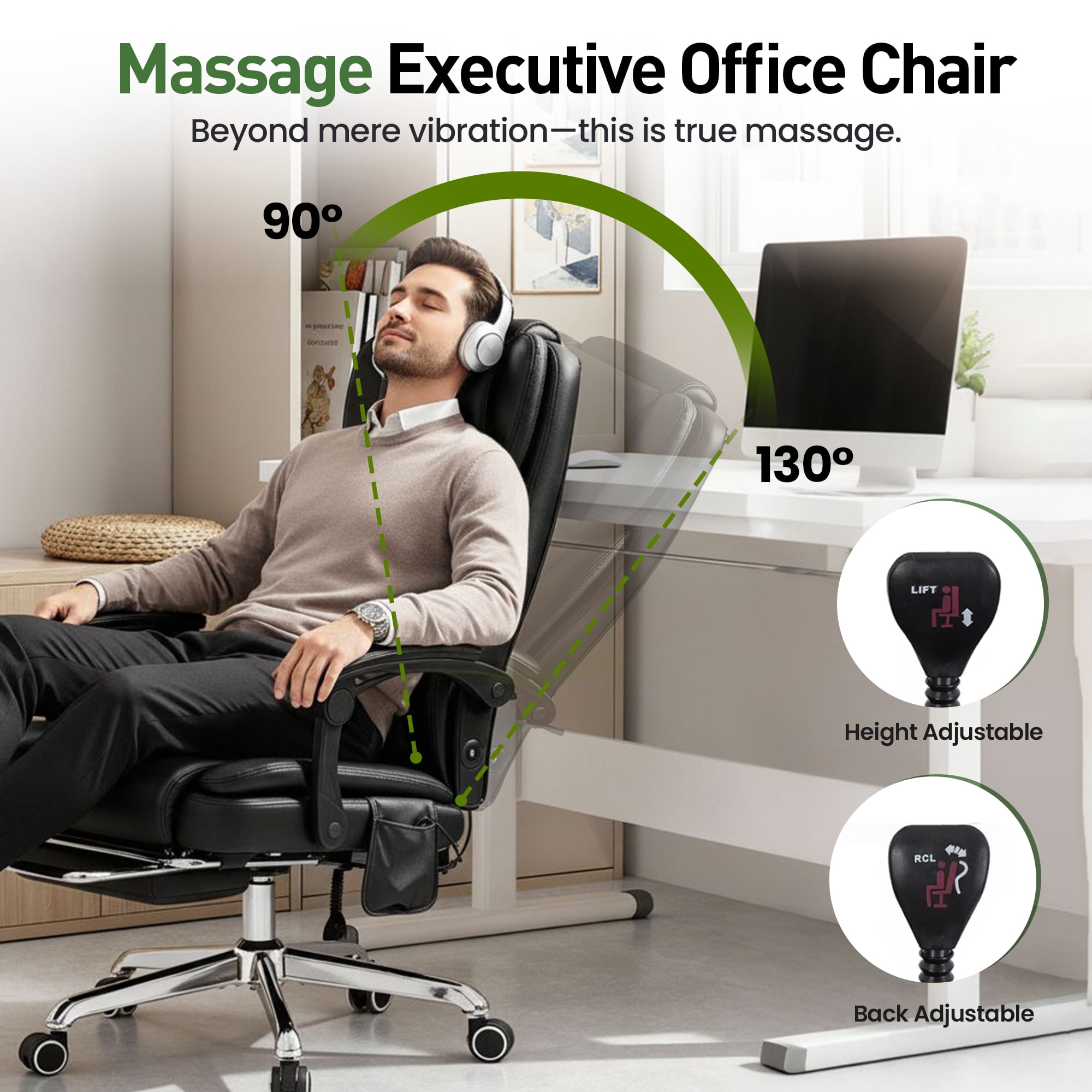 EOP Big and Tall Massage Office Chair, Faux Leather Ergonomic Computer Chair with Back Support Pillow, High Back Reclining Desk Chair for Heavy People, Black