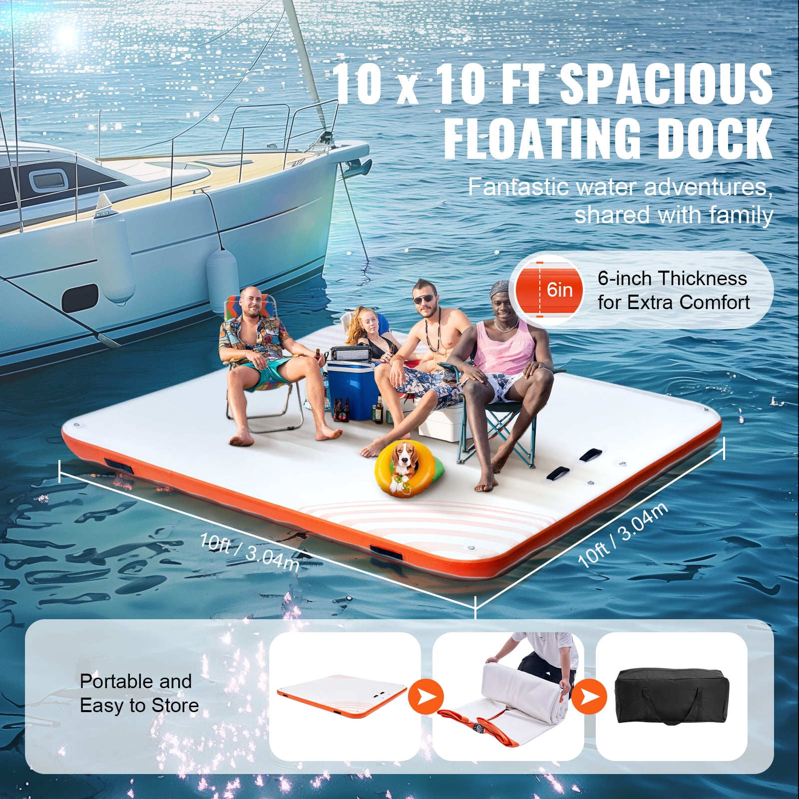 KFFKFF Inflatable Dock, 10x10FT Water Float Mat, Includes Carry Bag & Ladder, Non-Slip Surface, Ideal for Pool, Beach, and Ocean