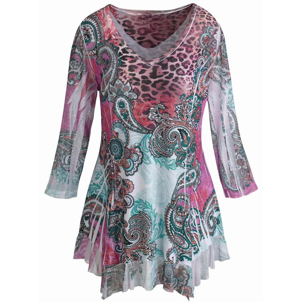 Cover Charge - Women's Tunic Top - Pink Paisley Leopard Print 3/4 ...