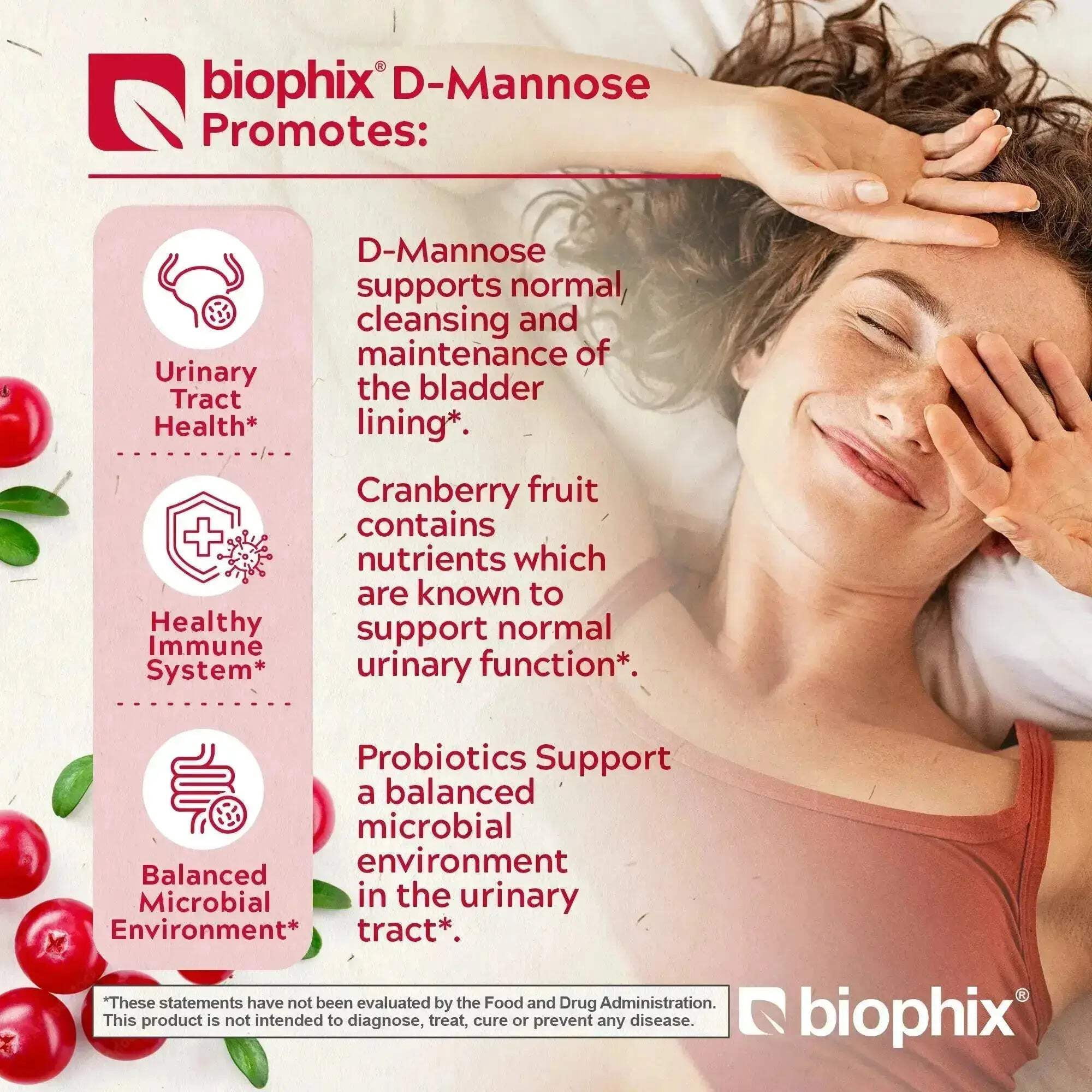 Biophix D-Mannose with Cranberry & Probiotics 1000mg - 120 Vcaps 2 Pack for Urinary Tract Health