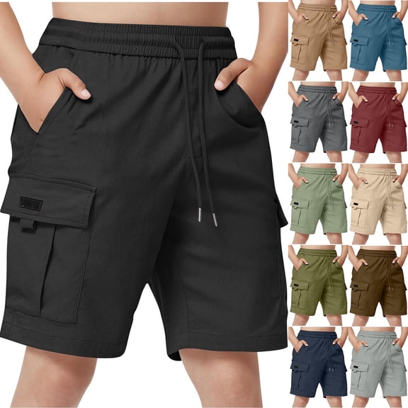 Afuyipoi Boys Cargo Shorts With Pockets (For 5-15), Elastic Waist Solid Color Breathable Nylon Spandex Casual School Shorts For Boys Black 7 Years