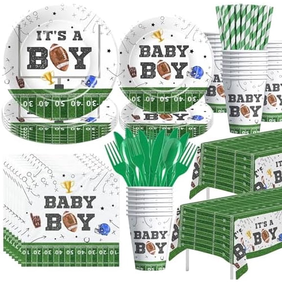 Football Baby Shower Decorations Tableware, Football Baby Boy Party Supplies, Paper Plate, Cup, Napkin, Tablecloth, Cutlery, Sports Theme It's A Boy Table Decorations | Serve 24