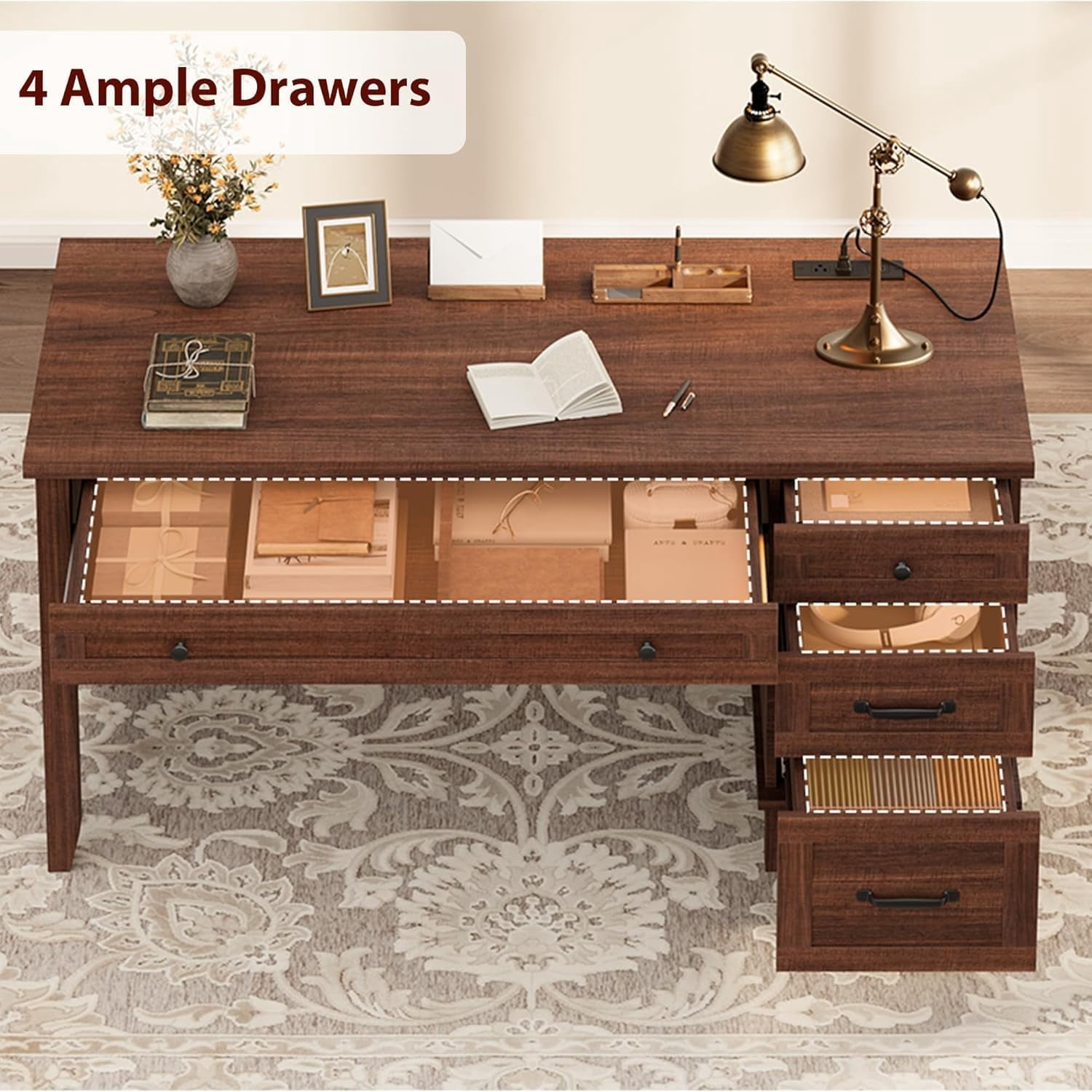 CABIHOME Farmhouse Office Desk with Charging Station & File Drawer | 53.5" Wooden Computer Desk with Built-in USB Ports, Executive Computer Desk Workspace for Home Office
