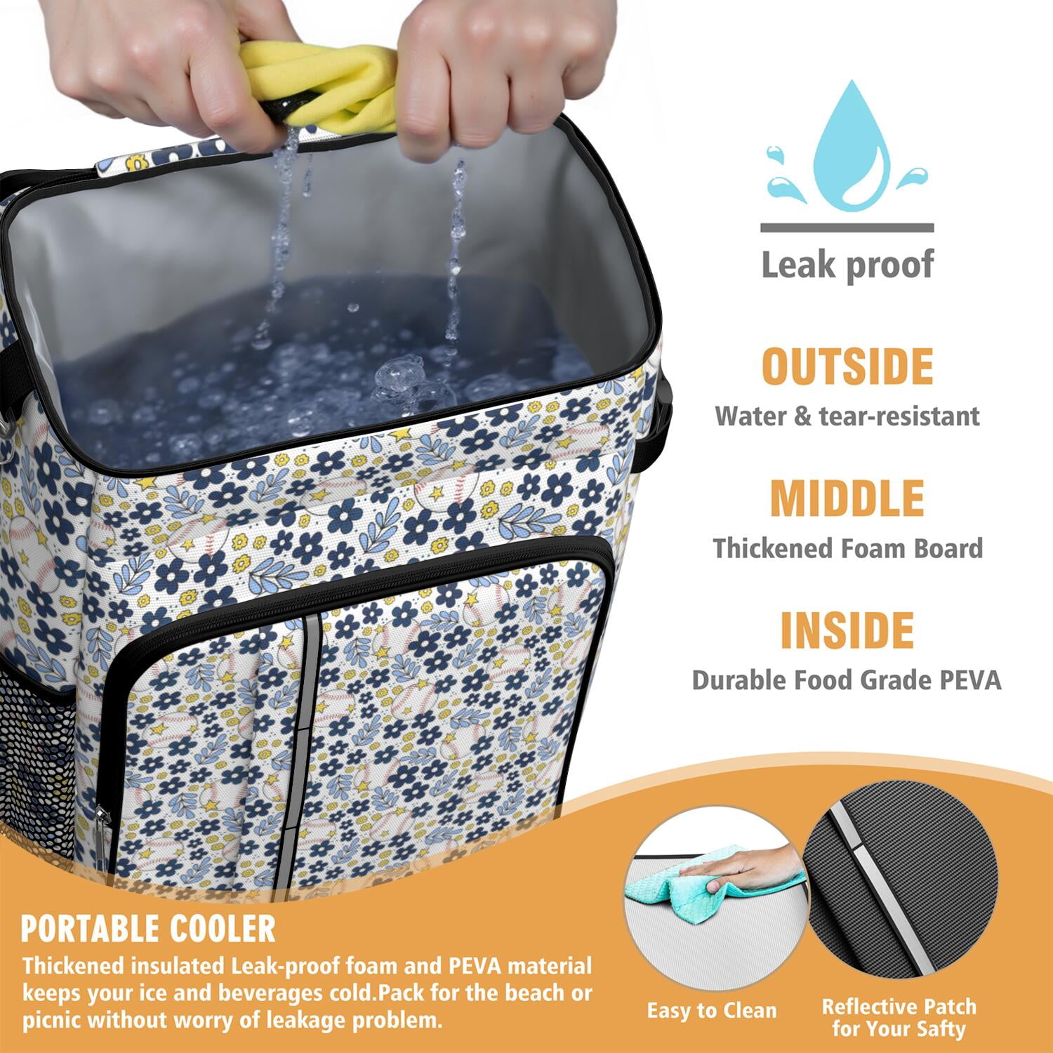 Travel Cooler Bag - Blue Baseballs with Yellow Flowers Pattern Camping Beer Cooler Backpack with Bottle Opener- Waterproof Insulated Picnic Backpacks - Cooler Bag for Beach