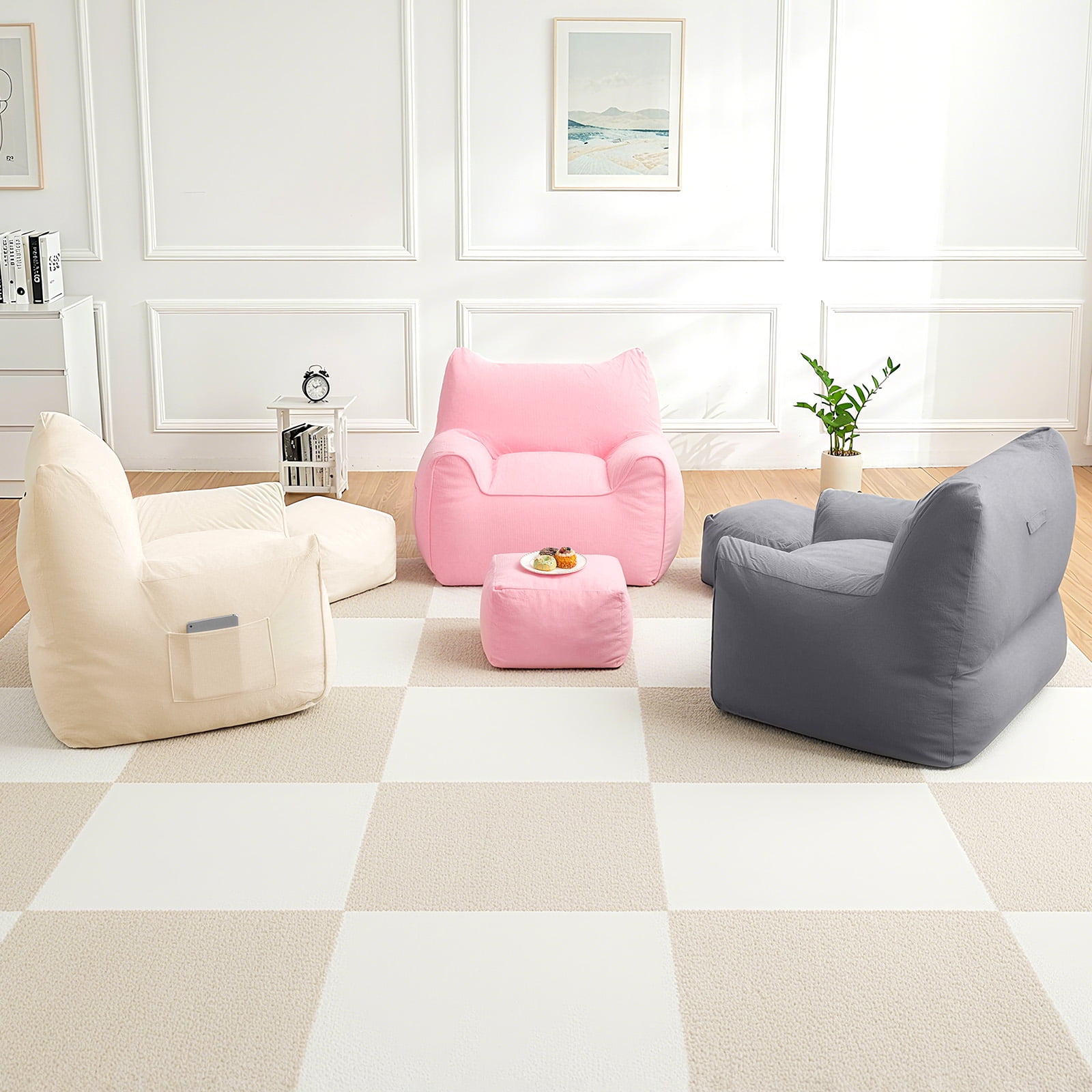 Bean Bag Chair with Ottoman Bean Bag with Footstool for Adults Teens, Bean Bag Sofa with Washable Cover, Pocket, Handle for Bedroom, Living Room, Beige