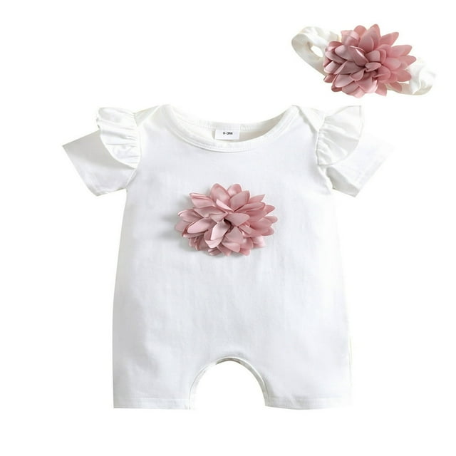Ensemble de Barboteuse pour Bébé Fille à Manches Courtes, Barboteuse à Fleurs avec Bandeau, Tenue d'Été Décontractée