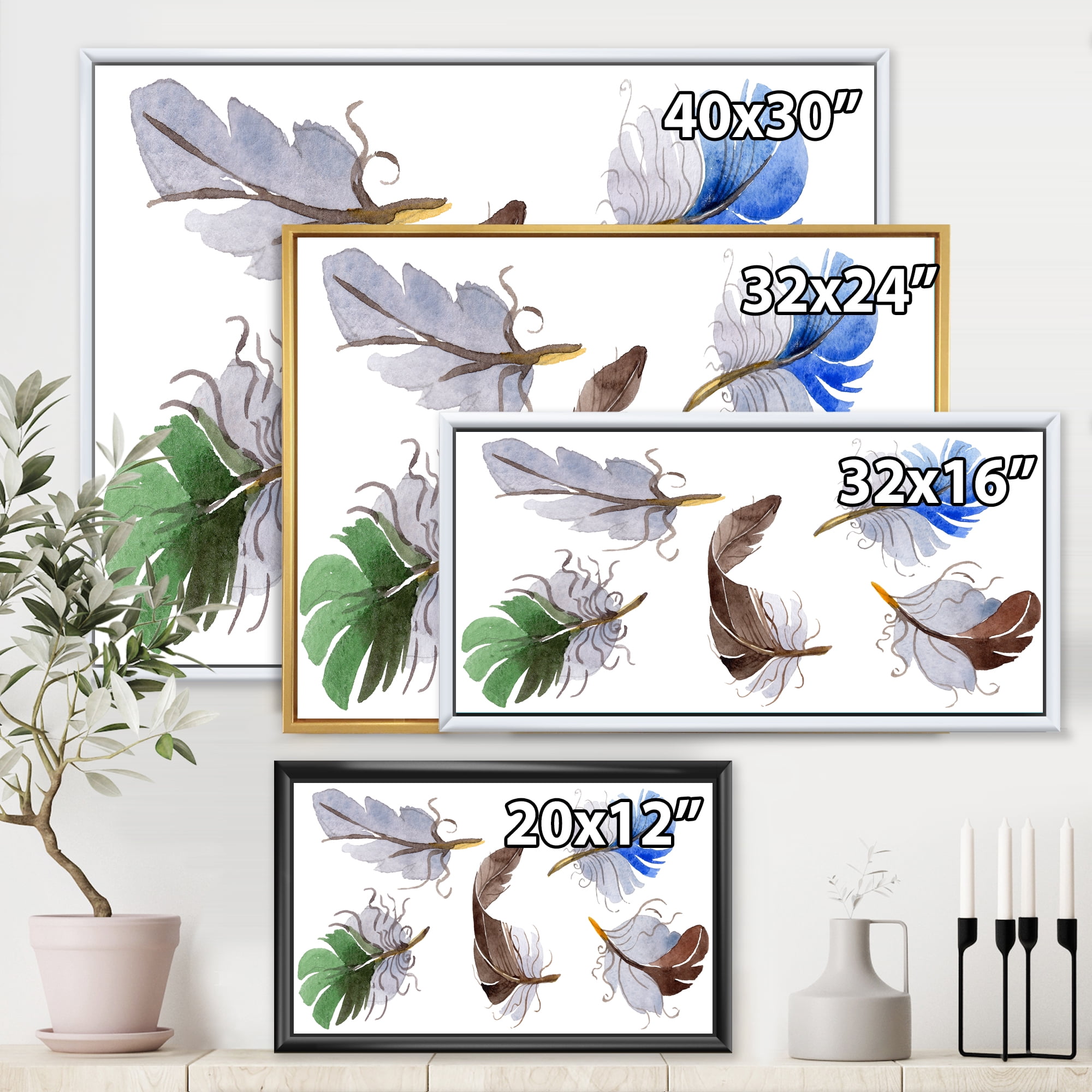 Designart 'Colourful Boho Feather Set On White IV' Bohemian & Eclectic Framed Canvas Wall Art Print