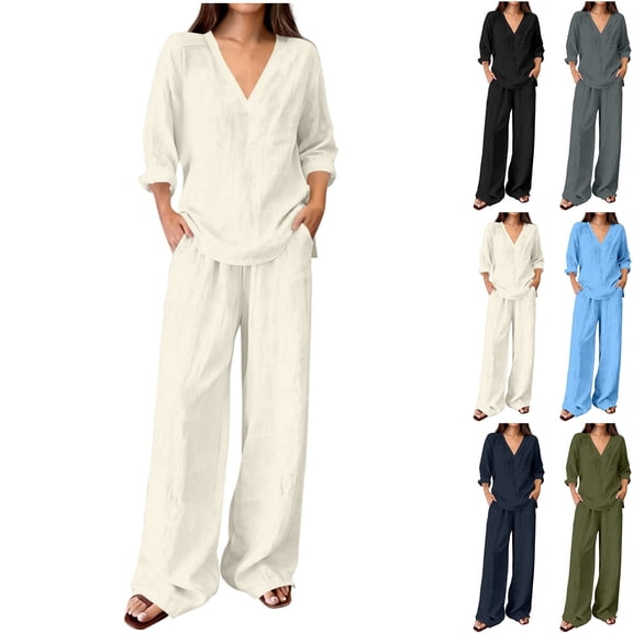 Ihhxva Women's Cotton Outfit Sets Solid Color Two Piece Set Regular Fit Stretchable Casual Lounge Loungewear Tracksuit - Black L