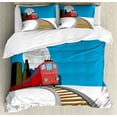 thumbnail image 1 of Train Track Duvet Cover Set King Size, Cartoon Graphic of Train and Big City Buildings at Night with Full Moon, Decorative 3 Piece Bedding Set with 2 Pillow Shams, Multicolor, by Ambesonne, 1 of 3