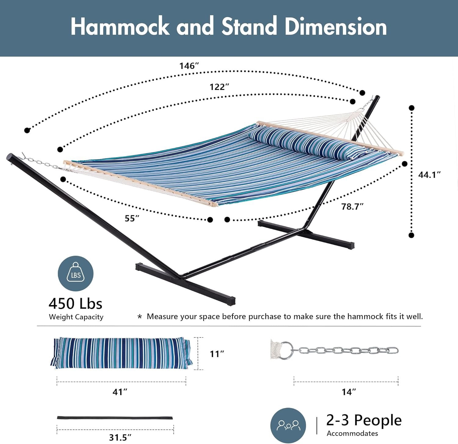 Double Hammock with Stand 12FT, Heavy Duty Hammock with Stand for Outdoors, 450 LBS Weight Capacity, Blue Stripes