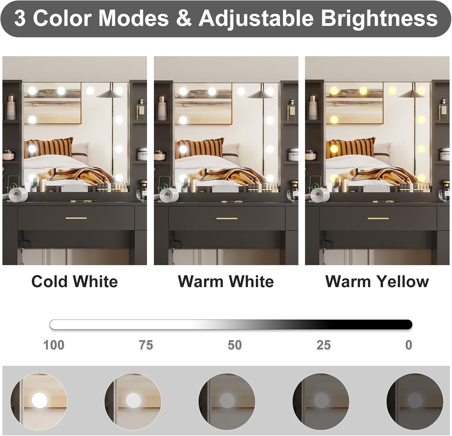 COZONY Vanity Desk with Mirror, Makeup Dressing Table Playset, Charging Station, 6 Open Shelves, 5 Drawers & Cabinet Door, 10 LED Bulbs & 3 Modes, Bedroom, Bathroom, Living Room, Black