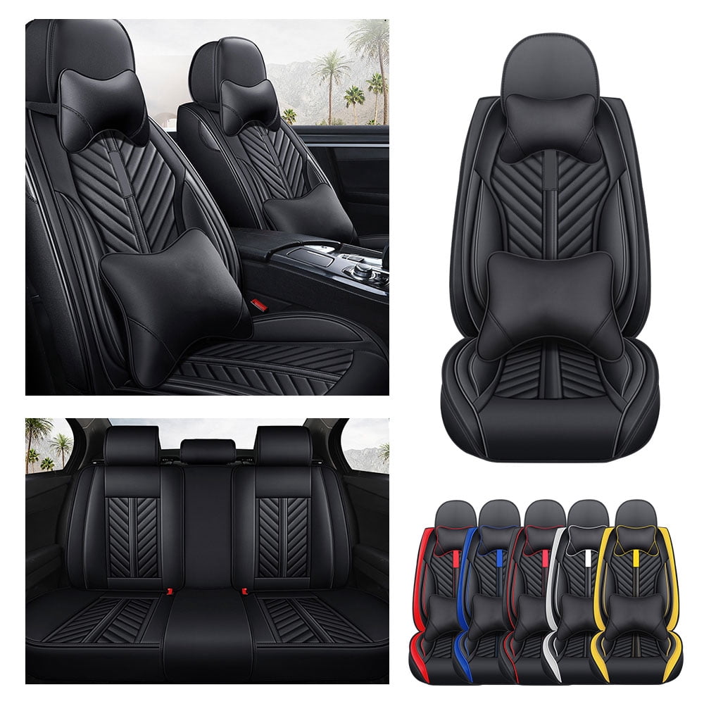 Tuqiang Car Seat Covers Universal 5-Seat Covers Front & Rear Full Set Faux Leather Seat Cushion Protector Waterproof with Pollow and Headrest Black