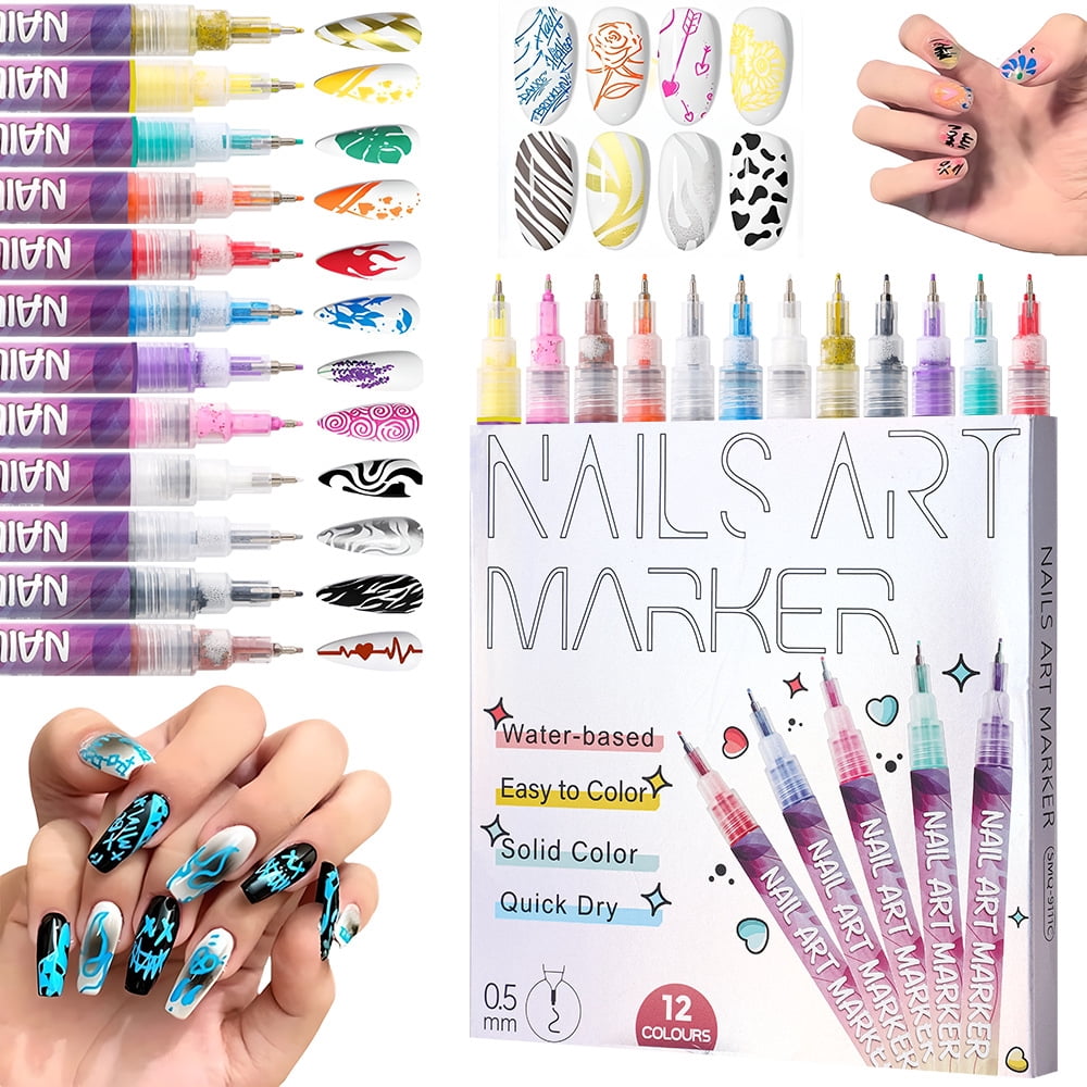 12 Colors Nail art Pens for painting Set, Nail Art Markers Polish Pen for 3D, Drawing Painting Liner Brush for DIY Beauty Adorn Manicure Tool