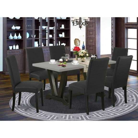 East West Furniture 7-Pc Dining Room Set- 6 Dining Room Chairs with Black Linen Fabric Seat and Stylish Chair Back - Rectangular Table Top & Wooden Legs - Cement and Black Finish