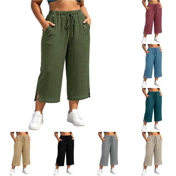 XAOFW Casual Capri Pants For Women Loose Fit Straight Leg Trousers High Waisted Work Pants With Pockets Stylish Bottom XXL