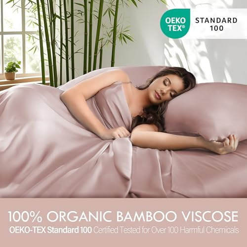 ClevaHome 100% Organic Cooling Bamboo Bed Sheets, 4 Pieces Queen Sheets Set, Luxuriously Soft, Cooling, Double Stitching, 16" Deep Pockets (Queen, Pink)