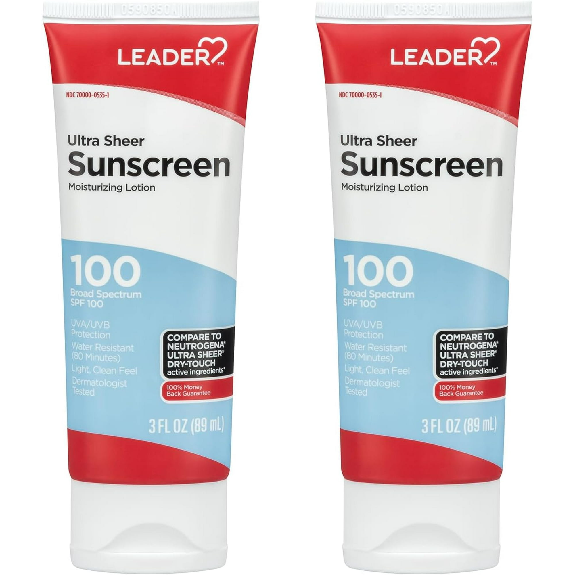 LEADER Travel Sunscreen SPF 100+, Ultra Sheer Dry-Touch Water Resistant and Non-Greasy Lotion with Broad Spectrum SPF 100+, 3 Fl Oz (2 Pack)