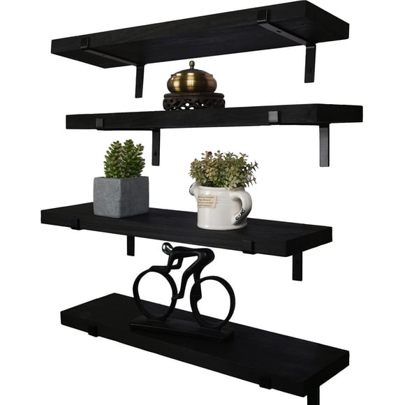 HXSWY Étagères Flottantes en Bois Rustique de 24 Pouces pour Décoration Murale Étagères Murales en Bois de Ferme pour Salle de Bain Cuisine Chambre Salon Ensemble de 4 Noir