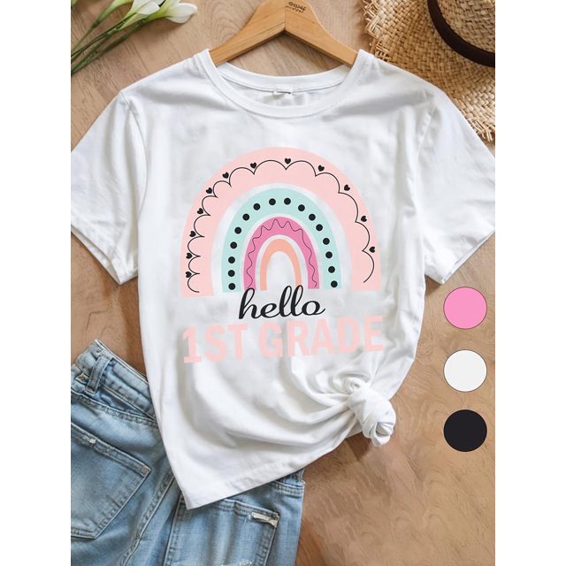 Girls' Cotton Crew Neck T-Shirt - Hello 1st Grade Rainbow Graphic, Loose Fit Breathable Soft Comfortable, White Black Options, Cute Back to School & Mother's Gift, Tshirts for Girls