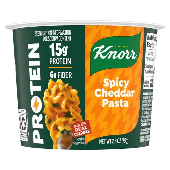 Knorr Protein Cup Pasta Made With Real Cheddar, Spicy Cheddar Pasta With 15g Of Protein And 6g Of Fiber, ,2.6 oz 1 Count