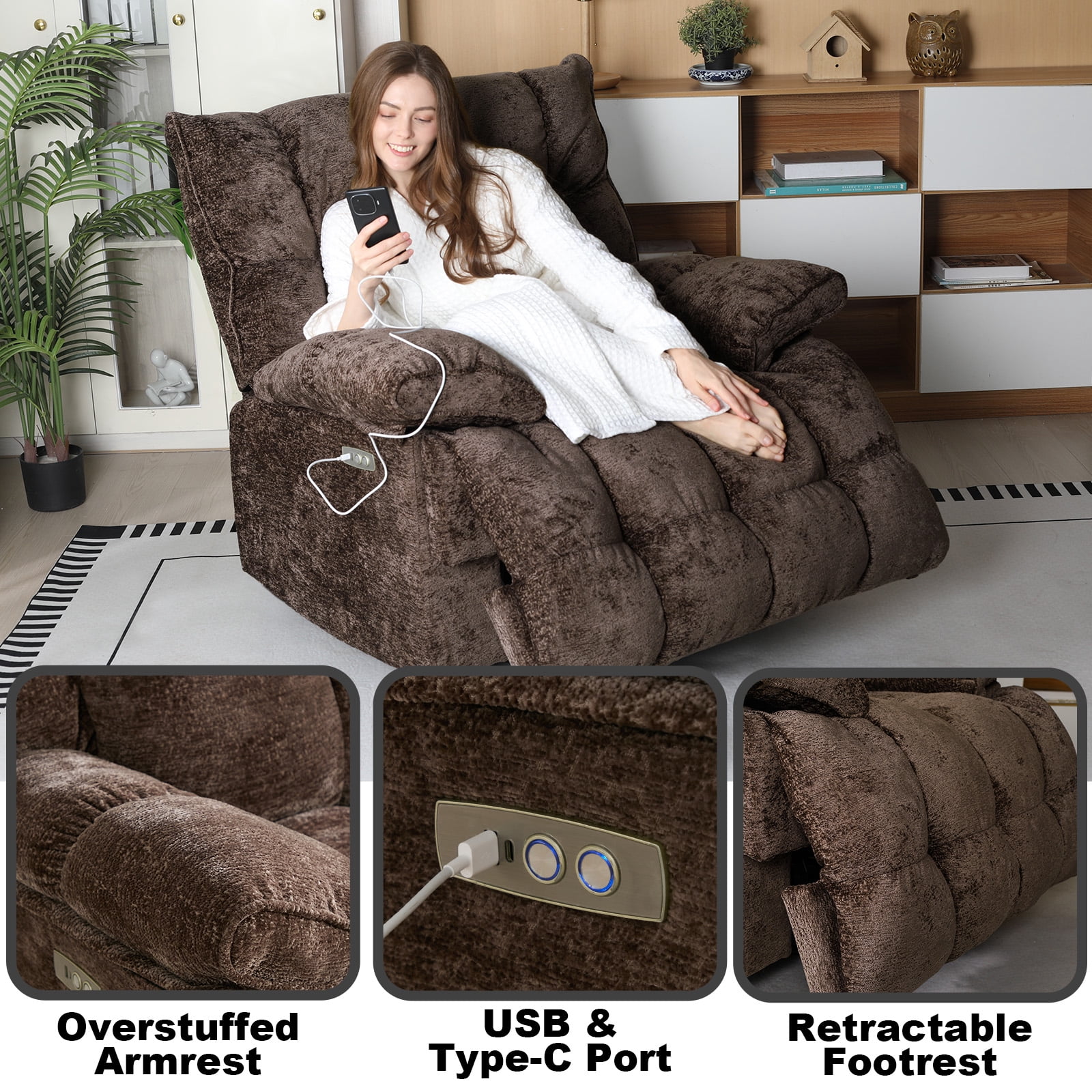 Pmango Power Oversized Recliner Chair, Extra Wide Swivel Rocking Recliner Chair, Breathable Soft Fabric Modern Single Sofa for Living Room, 90°-140° Electric Recline, USB & Type-C Port, Brown