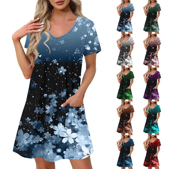 asdoklhq Corset Dress for Women Fashion Summer Print Short-sleeved V-neck Casual Dress Purple 2X