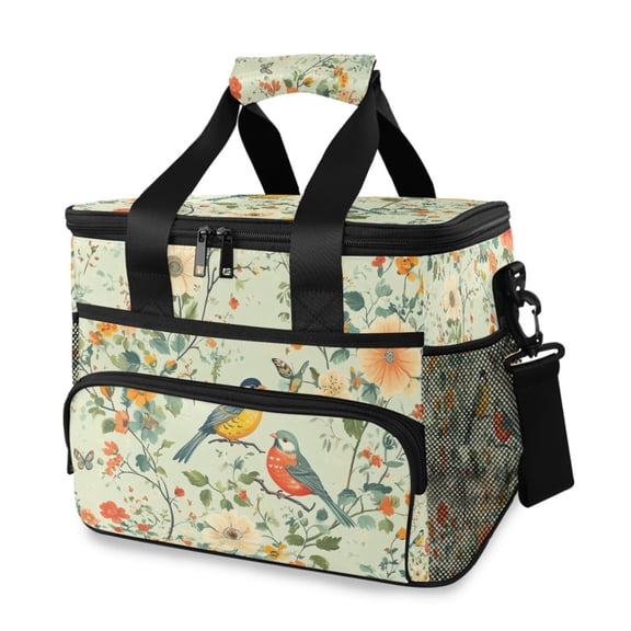 FORMRS Insulated Cooler Bag 24 Cans Capacity Soft Leakproof Lunch Box with Side Pockets, Green Floral Pattern